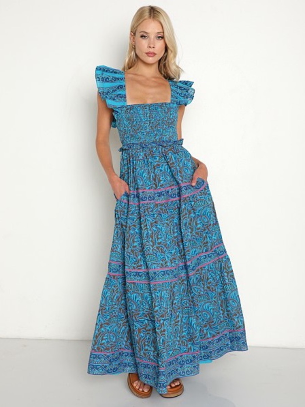 Cleobella Marilyn Ankle Dress in Zuri Block Print Pockets Size Medium